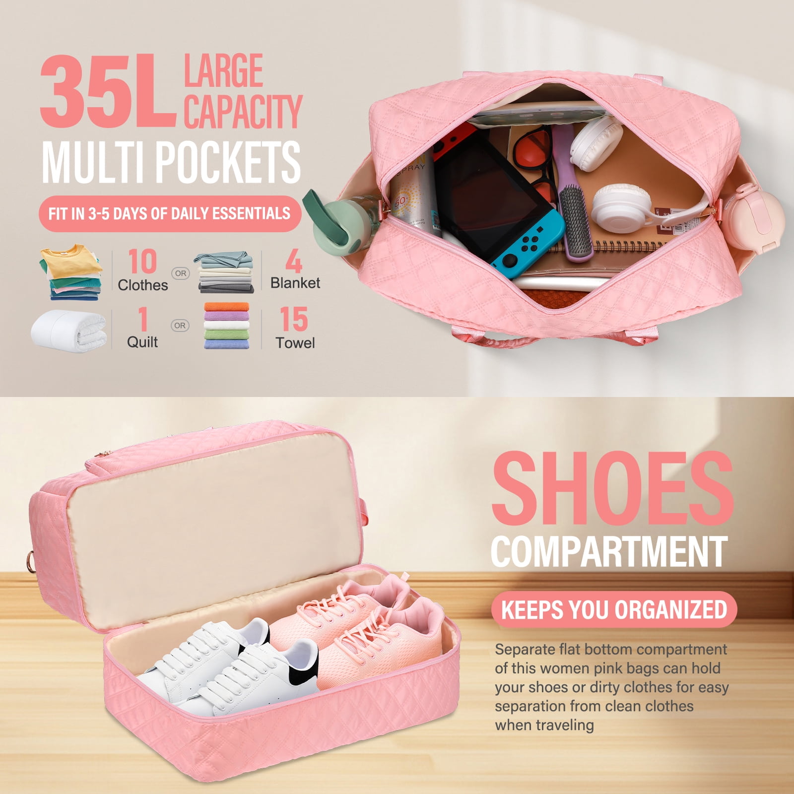 Livhil 2pcs Womens Overnight Bag, Carry on Weekender Bag with Shoe Compartment for Business Trips Sport Hospital, Pink