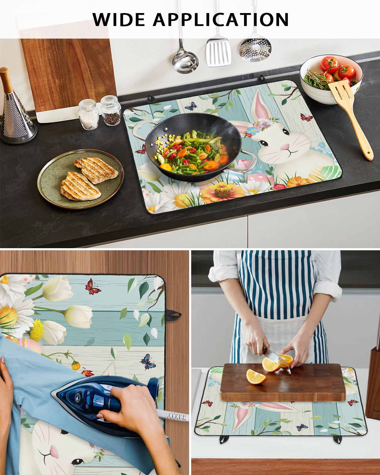 Large Induction Cooktop Protector Mat Easter Stove Top Covers for Electric Stove, Spring Watercolor Bunny Eggs Tulip Wooden Grain Decorative Stove Burner Cover Mats, Glass Top Stove Cover