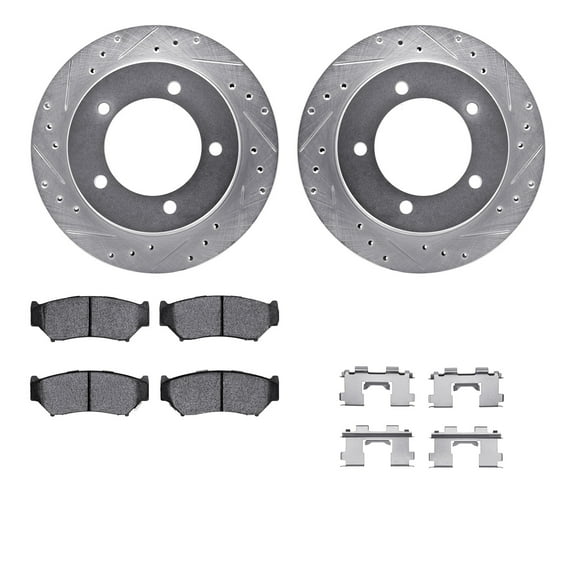 Dynamic Friction Company Front Brake Rotors-Drilled and Slotted-Silver with 5000 Advanced Brake Pads includes Hardware 7512-47038