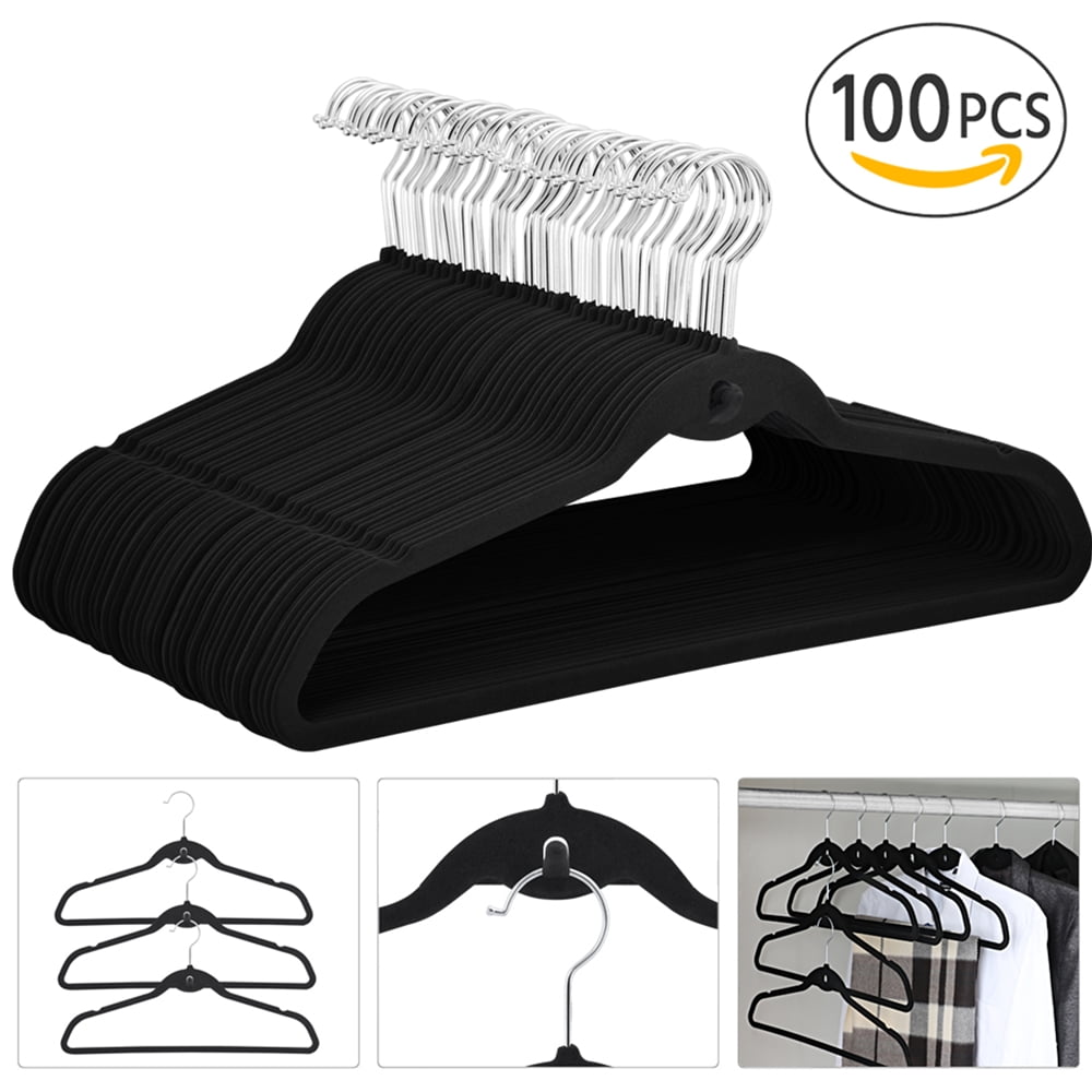 Cascading Nonslip Velvet Clothes Hangers, Pack of 100, Black
