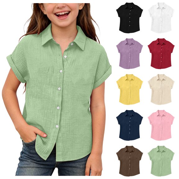 Asxite Toddler White Shirt Solid Color Short Sleeve Button Down Casual Breathable Summer Tops 2-12Y