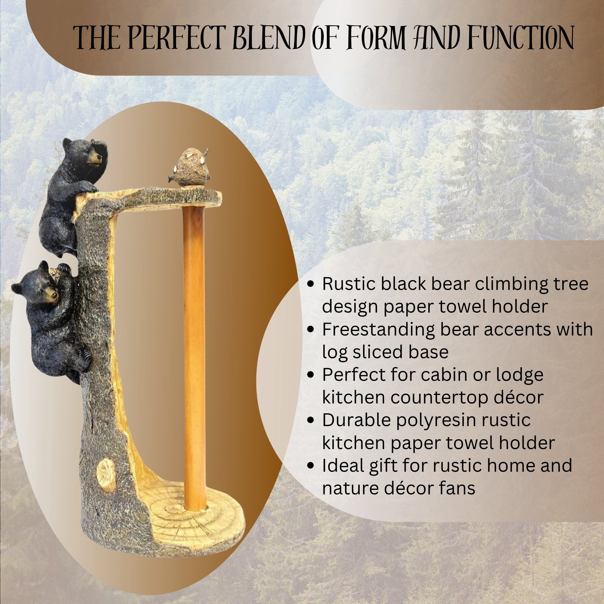 Black Bear Climbing Tree Paper Towel Holder Stand Dispenser, Rustic Woodland Home Kitchen Countertop Decor - Wildlife Themed Paper Towel Holder for Cabin, Lodge, and Rustic Kitchens