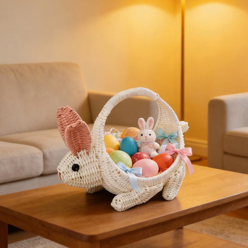 Bunny Shape Woven Basket with Handle Easter Egg Basket Rattan Storage Basket for Fruit Flower Candy and Egg Gathering