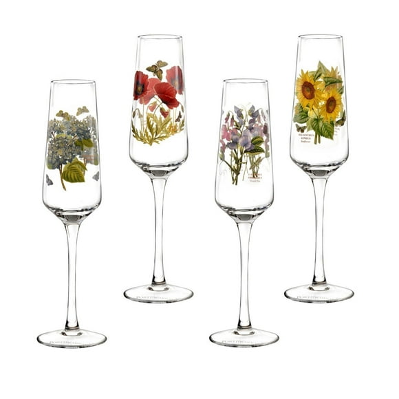 Portmeirion Botanic Garden 8oz Stemmed Champagne Flutes, Set of 4 - Assorted Floral Motifs, Stylish & Durable Glassware for Weddings, Home Bars, Special Occasions - Made in England