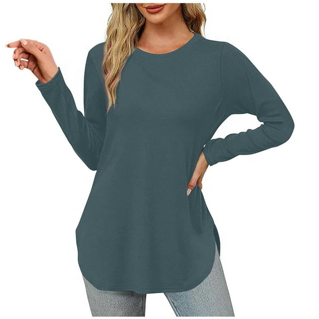 Yuyuzo Womens Tops Crew Neck Long Sleeve Side Split Solid Color Loose Casual Basic Fall Tunic Top