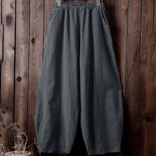 Cotton Linen Style Bloomers Wide Leg Pants Full Length Elegent Pants Solid Elasitic