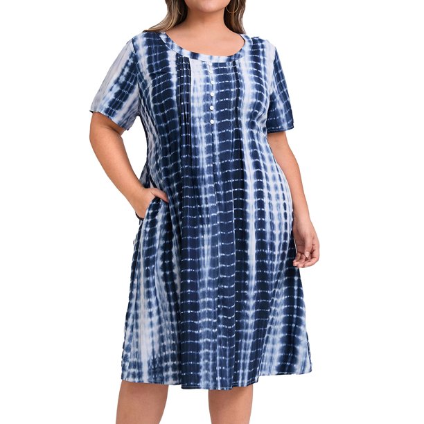 GRACE & GRANDEUR Vestido de Talla Grande para Mujer con Pliegues, Decoración de Botones, Estampado de Tie Dye, Cuello Redondo, Manga Corta, Vestido Casual con Bolsillos 1X Azul