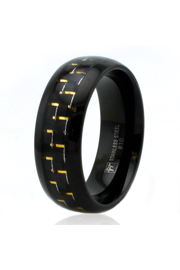 Black Stainless Steel Gold Carbon Fiber Inlay Wedding Band Ring