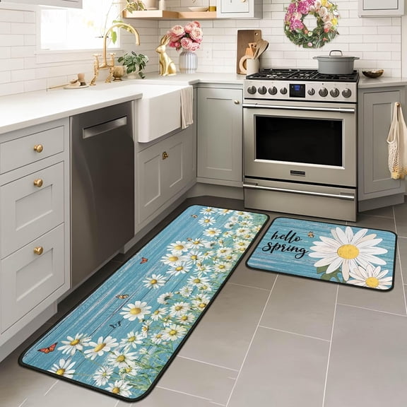 Sping Kitchen Rugs and Mats Set of 2, Sping Decor Non Slip Backing Daisy Spring Kitchen Rug Spring Decorations for Home Seasonal Low-Profile Kitchen Floor Mat 17"X47" 17"X30"