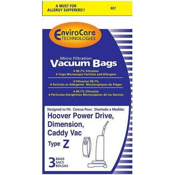 Replacement Part For Hoover #4010100Z - Vacuum Type Z Vacuum Bags Microfiltration with Closure - 3 Bags per Package - by EnviroCare #857