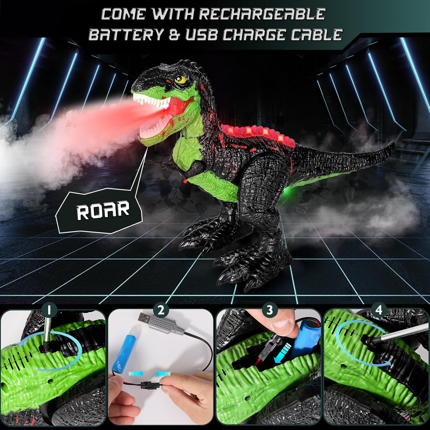 JoyStone Remote Control Dinosaur Toys for Kids, Electric Walking RC T-Rex, Realistic Tyrannosaurus Dino Robot with Roaring and LED Light for Boys and Girls Age 3+, Green
