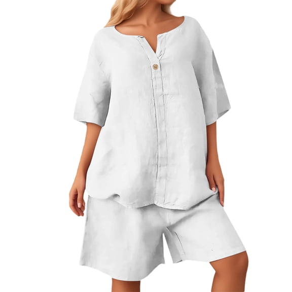 IWRICH Women's Short Sets 2 Piece Outfits Plus Size Linen Short Sleeve Shirts and Shorts Spring Summer Outfits White XL
