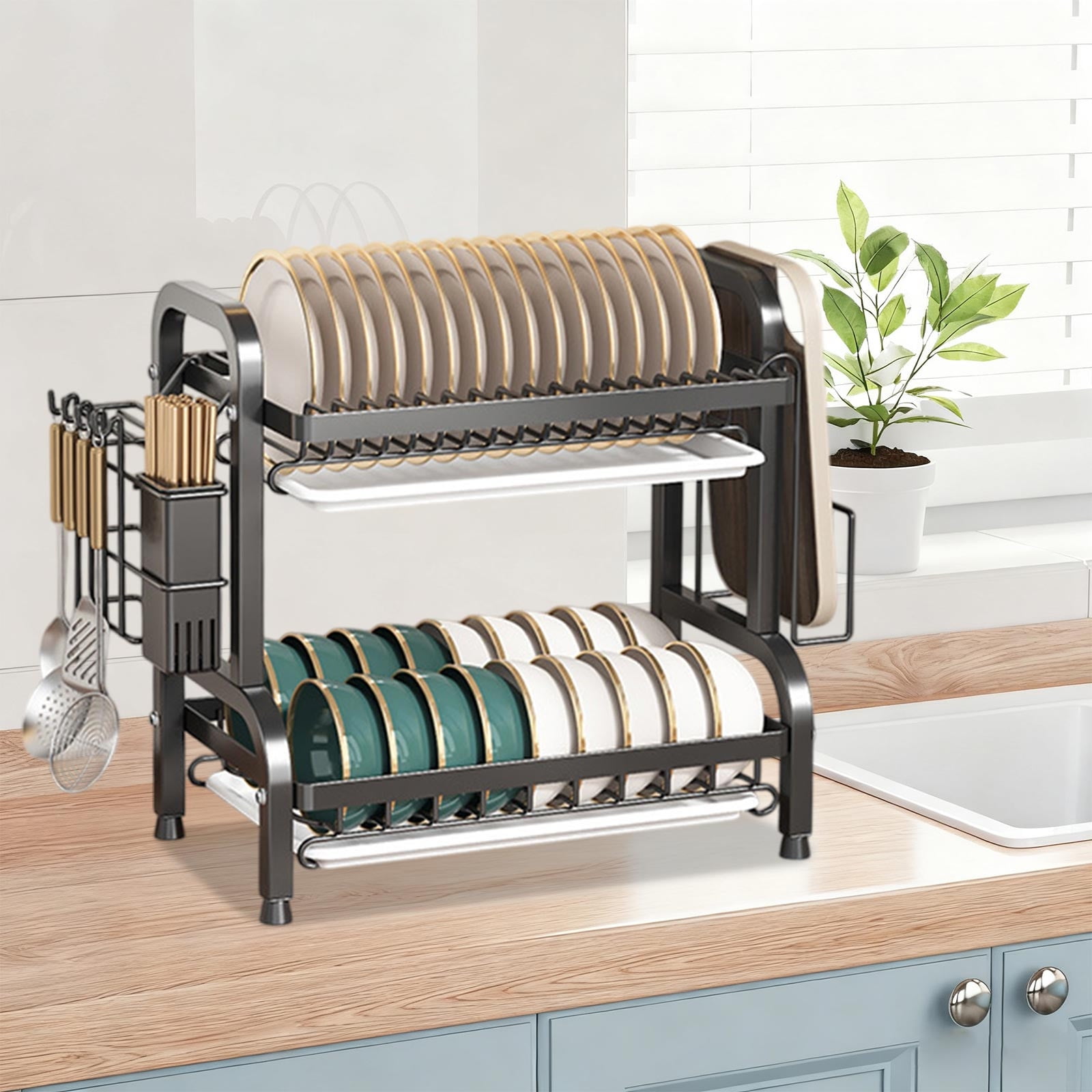 Dish Drying Rack, 2-Tier Dish Racks for Kitchen Counter with Carbon Steel Dishwasher Rack , Sturdy Dish Drainer with Knife, Fork & Plate Rack | Space - Saving Drying Rack Kitchen Gadget