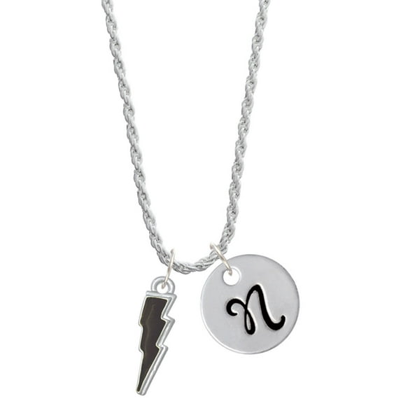 Delight Jewelry Silvertone Black Lightning Bolt Silvertone Script Initial Disc - N - Charm Necklace, 20"+3"