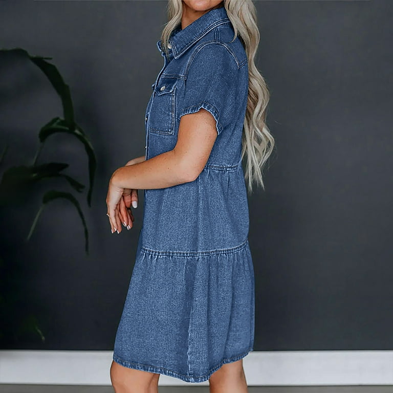 NSLGXD Women's Denim Dress, Short Sleeve, Turndown Collar, Button