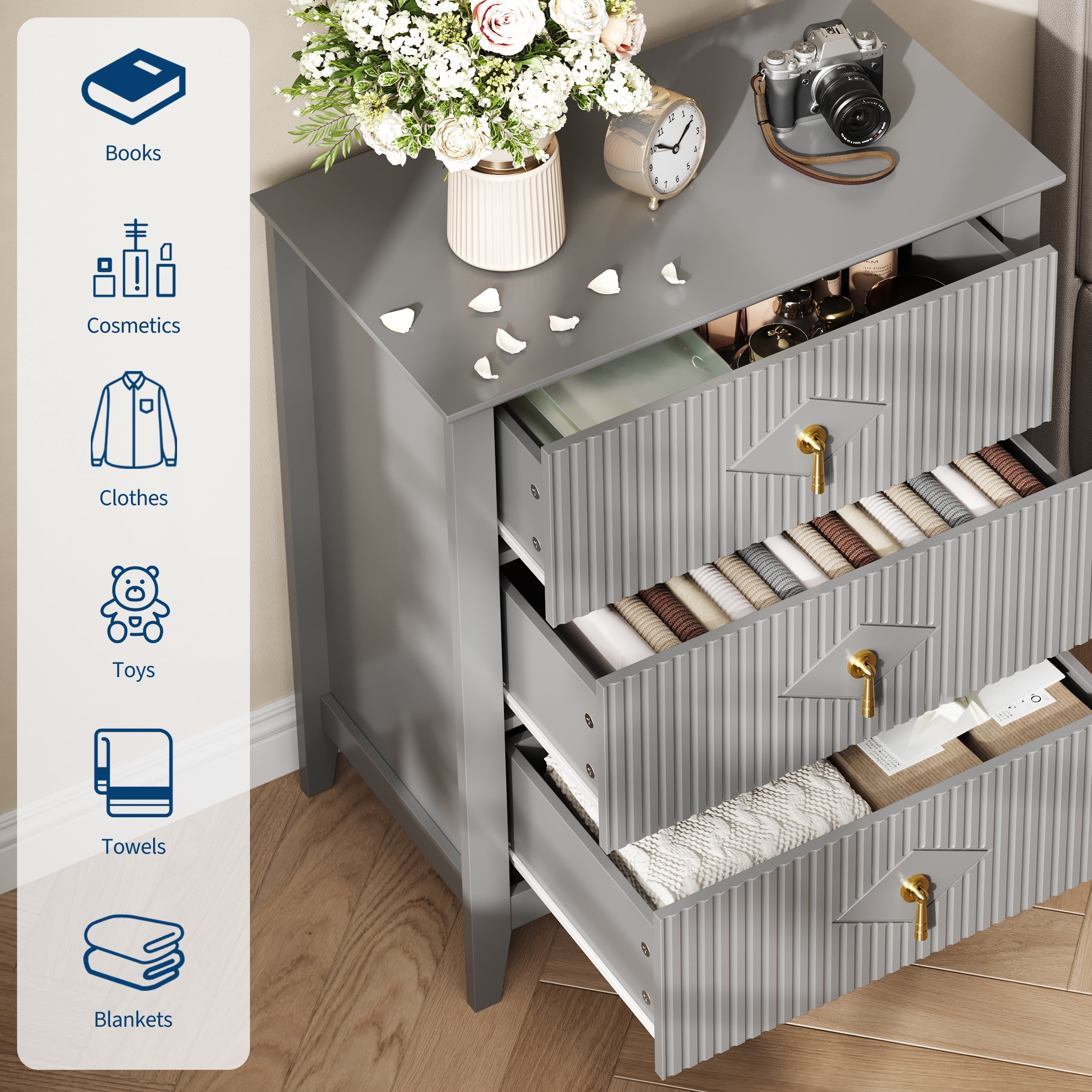 Gray Fluted Dresser for Bedroom, 32 Inch Wide Nightstand with Large Drawer, 3 Drawer End Table for Bedroom, Living Rooms, Offices, and Entryways