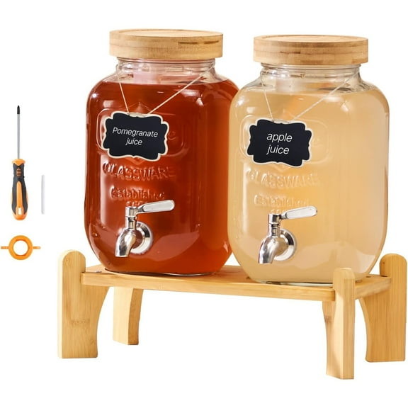 Beverage Dispenser, 2 Pack 1 Gallon Drink Dispensers for Parties, Glass Juice Dispenser with Wood Stand, Stainless Steel Spigot, Infuser, Iced Tea Lemonade Juice Water Dispensers for Parties
