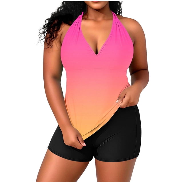 Swim Top for Women Plus Size with Built-In Bralette, Adjustable Strappy Halter and Casual Split Back Design in Solid Colors