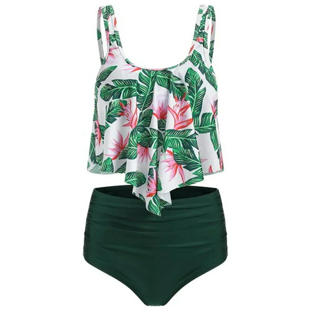Lallc Women 2pcs Padded Ruffle Strappy Crop Tops High Waist Bikini Set Swimsuit Swimwear
