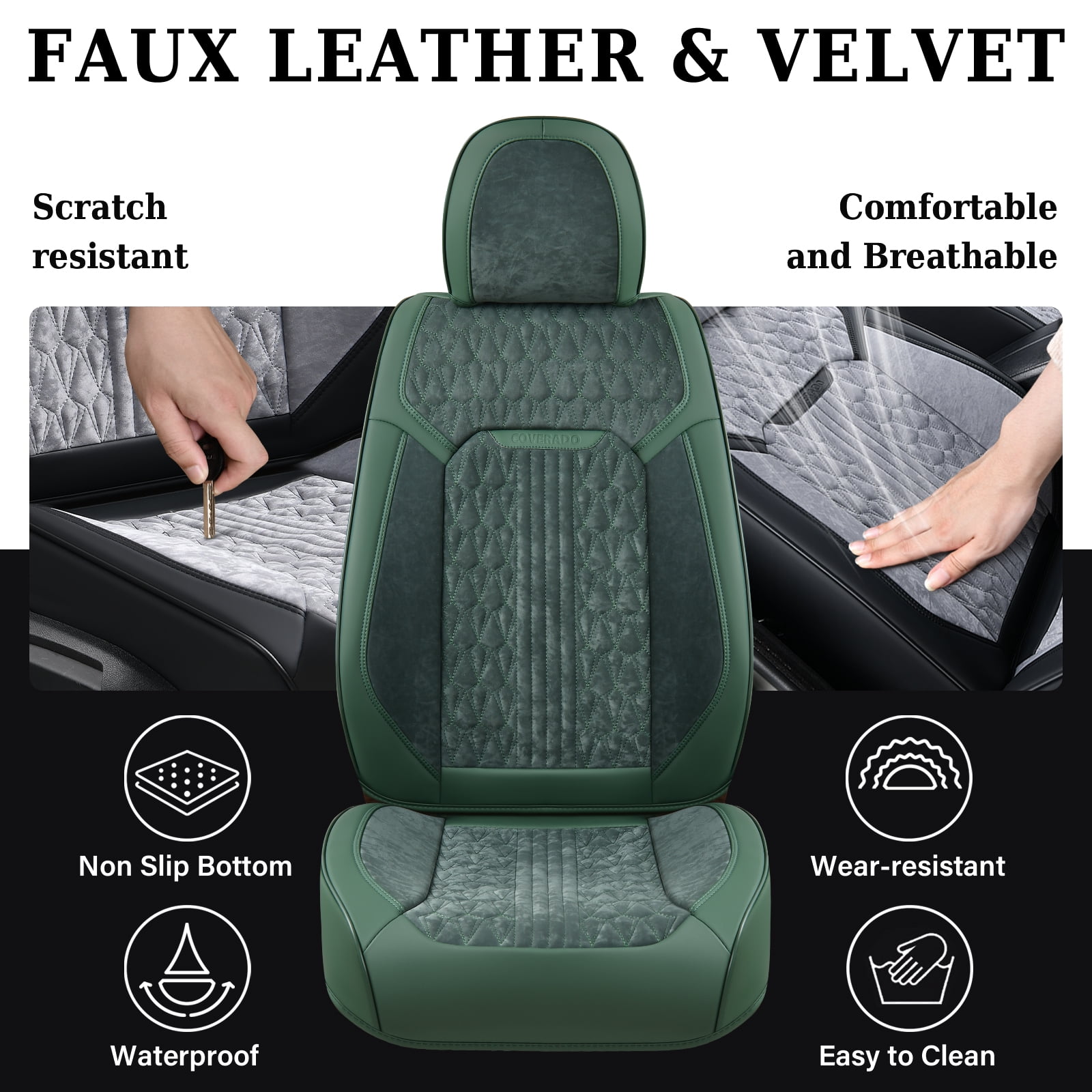 Coverado Full Set Car Seat Covers, Front and Back Seat Protectors, Faux Leather & Flannel Fashion Auto Accessories, Universal Fit Most Cars, SUVs Pickup Trucks, Green