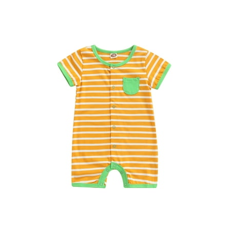 

Sunisery Kids Baby Girls Boys Clothes Short Sleeve Jumpsuit Striped Snap Open Romper with Chest Pocket Yellow 6-9 Months