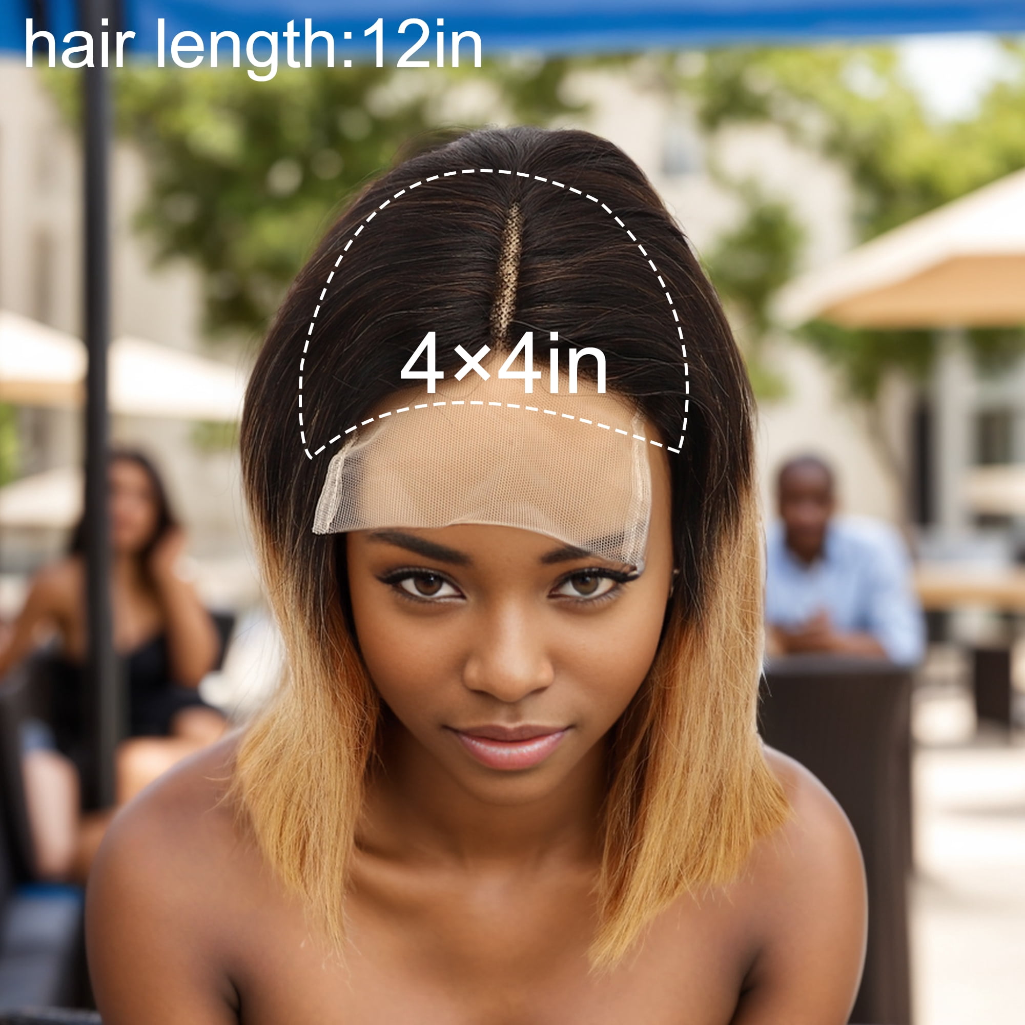 Unique Bargains 1 Pc Straight Long Hair Hair Wig Real Human Hair 12in 4x4in 180 Human Wig Yellow Black for Women