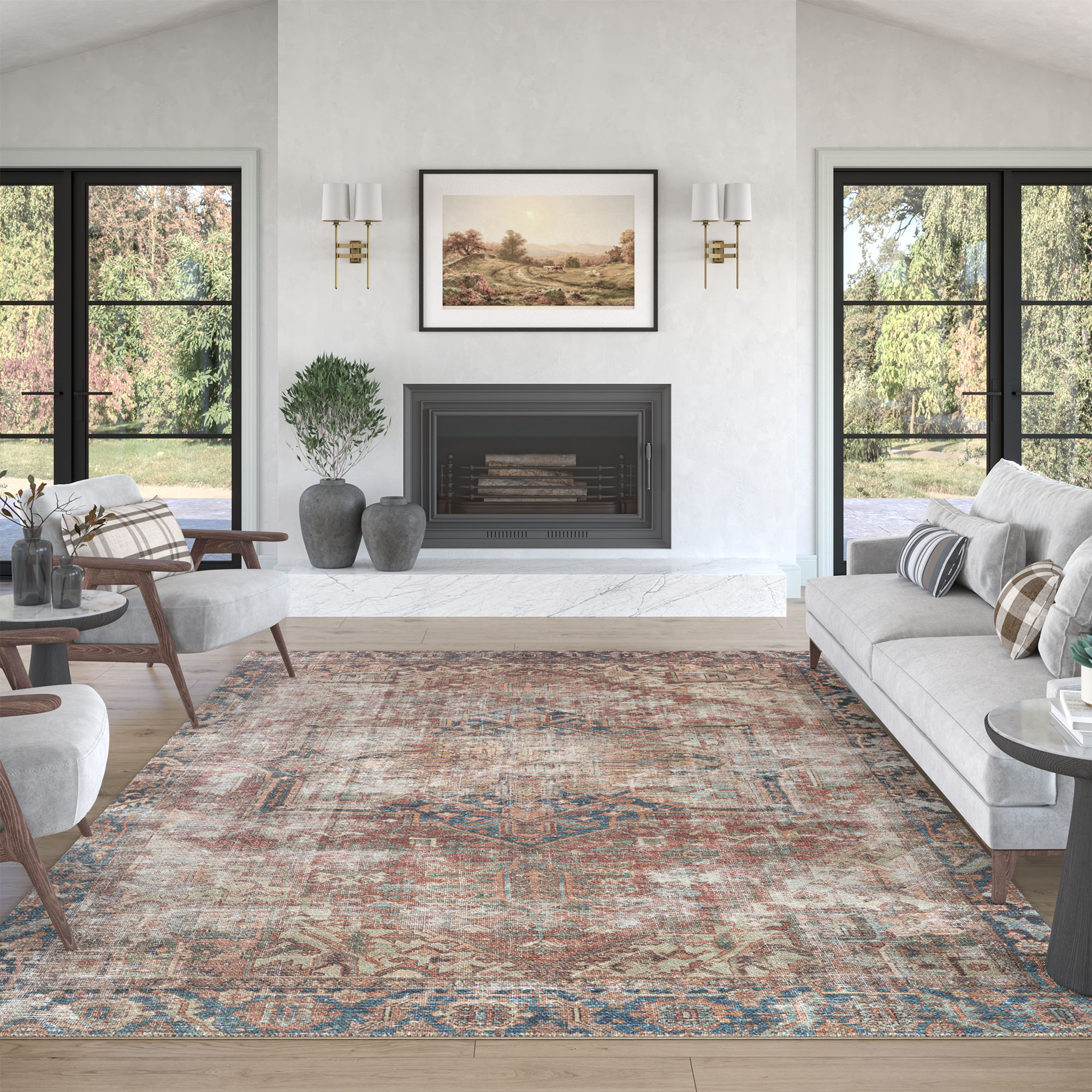 Traditional 5x7 Area Rug (5'3'' x 7'3'') Persian Rust, Beige Living Room Easy to Clean Machine Washable
