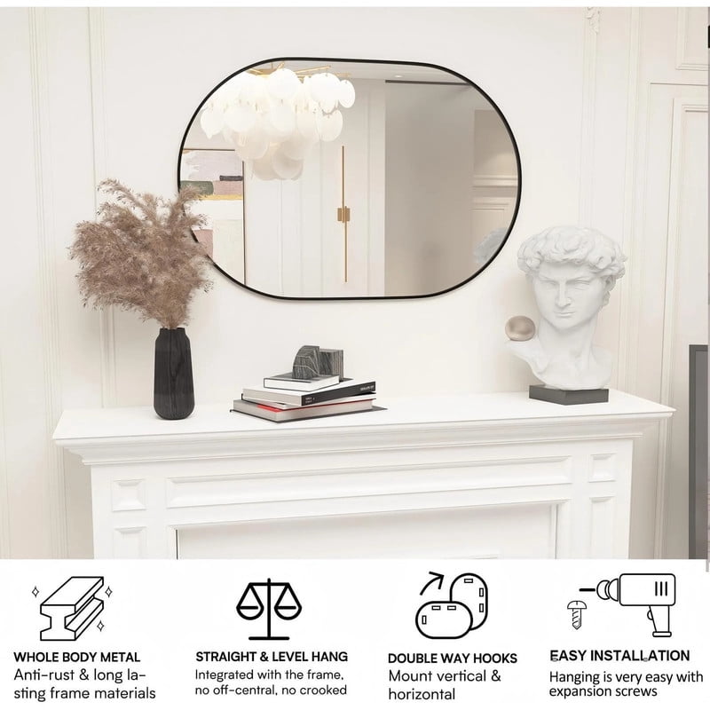 Easy4Home 16"x24" Oval Bathroom Mirror Vanity Wall Mirror,Black