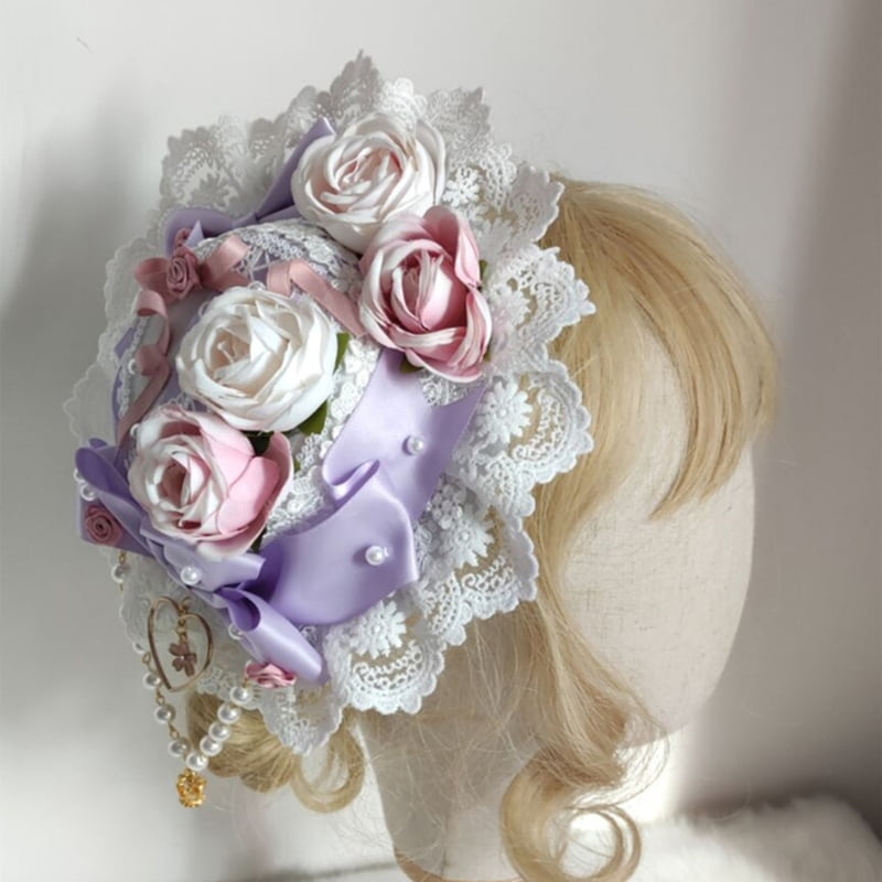 Japanese Lolita Sweet Lace Top Hat Pearl Beaded Bowknot Rose Flower Bonnet Flat Cap Vintage Steampunk Tea Party Hair Accessories