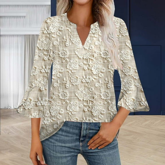 Women's Long Sleeve T-shirt 3/4 Length Sleeve Womens Tops V Neck Spring Shirts 2025 Petal Bell Sleeve Plus Size Boho Ethnic Style Tee Shirts,Beige Women's Long sleeve T-shirt XXXL