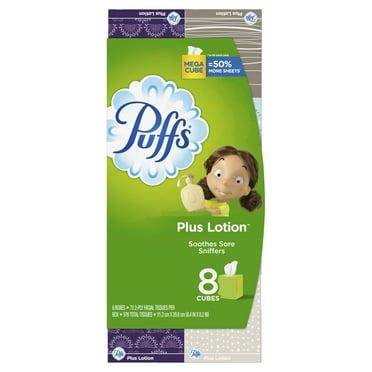 Puffs Plus Lotion Facial Tissue, 8 Mega Cubes, 72 Facial Tissues per cube