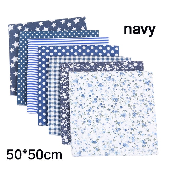 SMihono 7PCS Fabric Bundle Patchwork Squares Quilting Sewing Patchwork DIY Home Decoration on Clearance. A set of seven pre-cut cotton fabric squares, each measuring approximately 50 x 50 cm. The bundle features various navy and white patterns, including stars, polka dots, stripes, gingham, floral, and abstract designs. Ideal for quilting, sewing, and crafting projects such as baby clothes, kids' bedding, and home decorations. The fabric is soft, breathable, and machine washable on a gentle cycle.