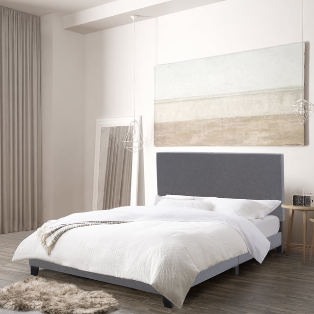 CorLiving Juniper Fabric Upholstered Adult Queen Platform Bed with Padded Headboard and Slats, No Box Spring Required, Grey
