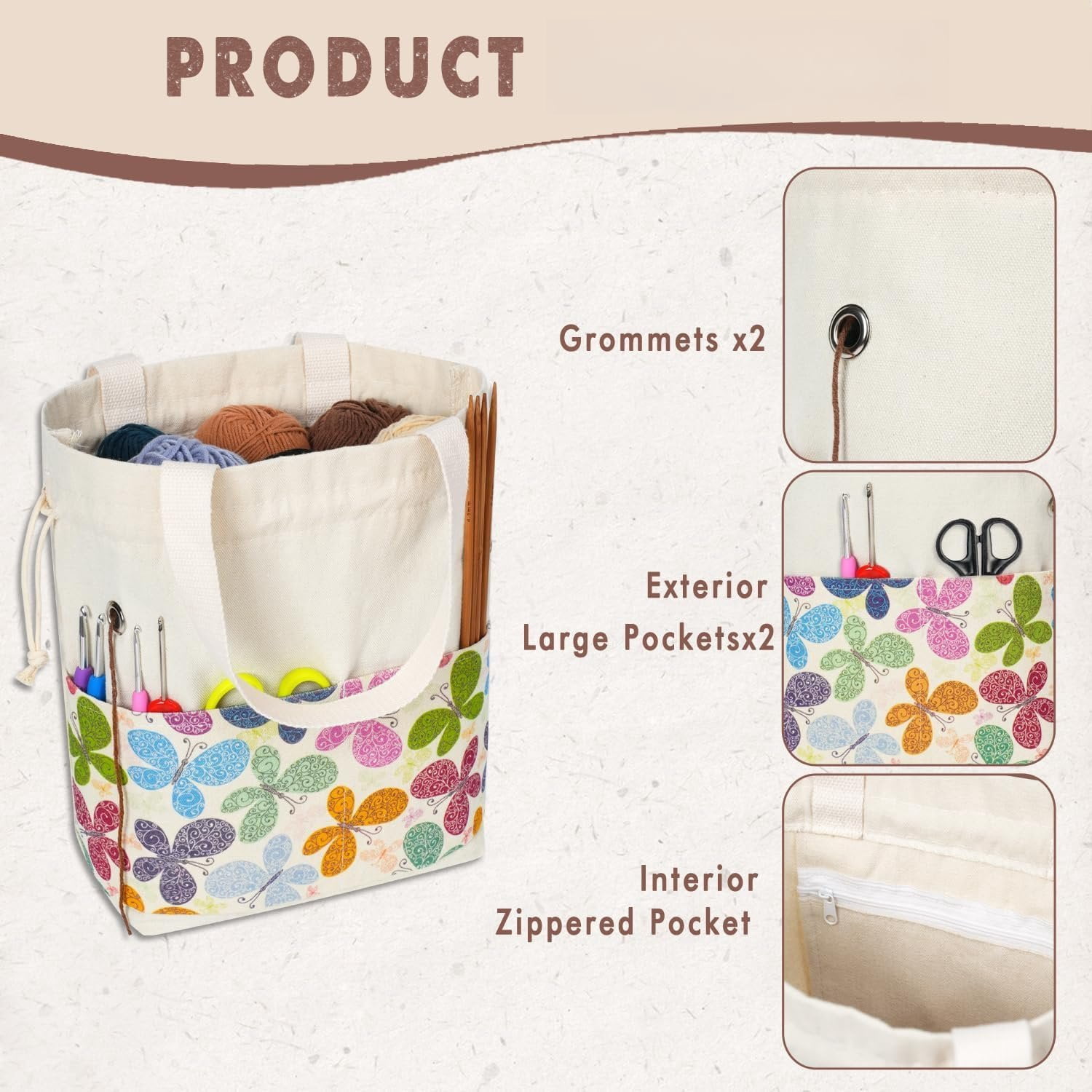 Yarn Bag, Knitting Crochet Tote Bag, Yarn Storage Bags Organizer, Crochet bags for Crocheting Project, Store Skein Ball, Short Knitting  (Large, Butterfly)