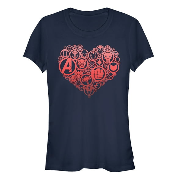 Junior's Marvel Valentine's Day Hero Icon Heart  Graphic Tee Navy Blue 2X Large