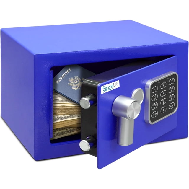SereneLife Caja Fuerte Digital Premium de Acero 23 x 17 x 17 cm, Almacenamiento Seguro para Efectivo, Documentos y Joyería, Acceso Electrónico y Mecánico, Incluye 2 Llaves y Baterias, Azul