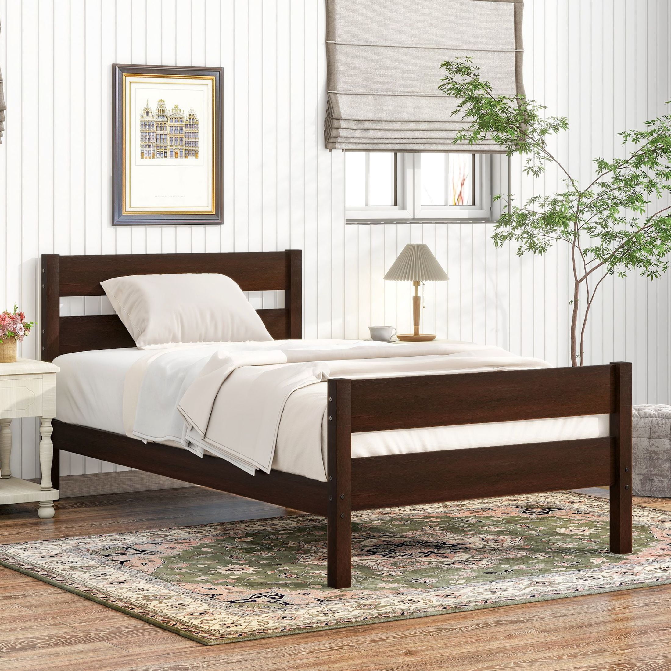 Noble House 79" Twin Bed, Solid Rubber Wood Frame with Headboard and Footboard, Minimalist Bedroom, Espresso