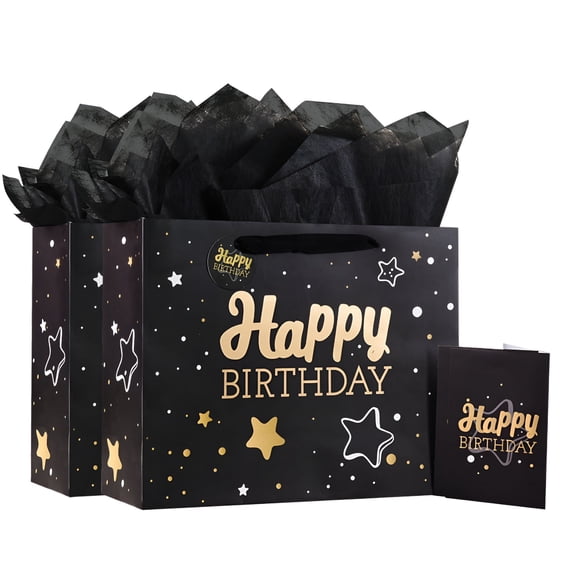 CCOCC 2026 New Black Happy Birthday Gift Bag with Tissue Paper and Greeting Card for Birthday,Party,Gift Bag for Men Women Birthday,13" Gift Bags Medium Size(2-Pcs,Black,Happy Birthday)