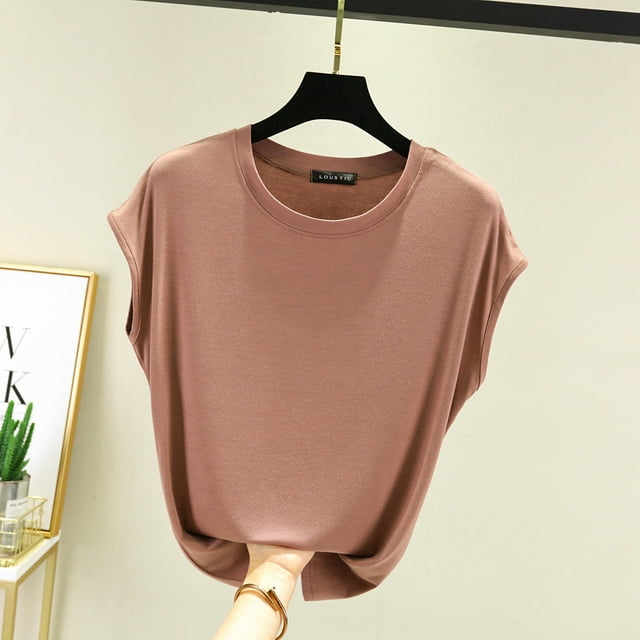 Hauts Sans Manches pour Femmes Été Modal Col Rond T-Shirt Couleur Unie Ample Décontracté T-shirts Grande Taille Mode Urbaine FJH