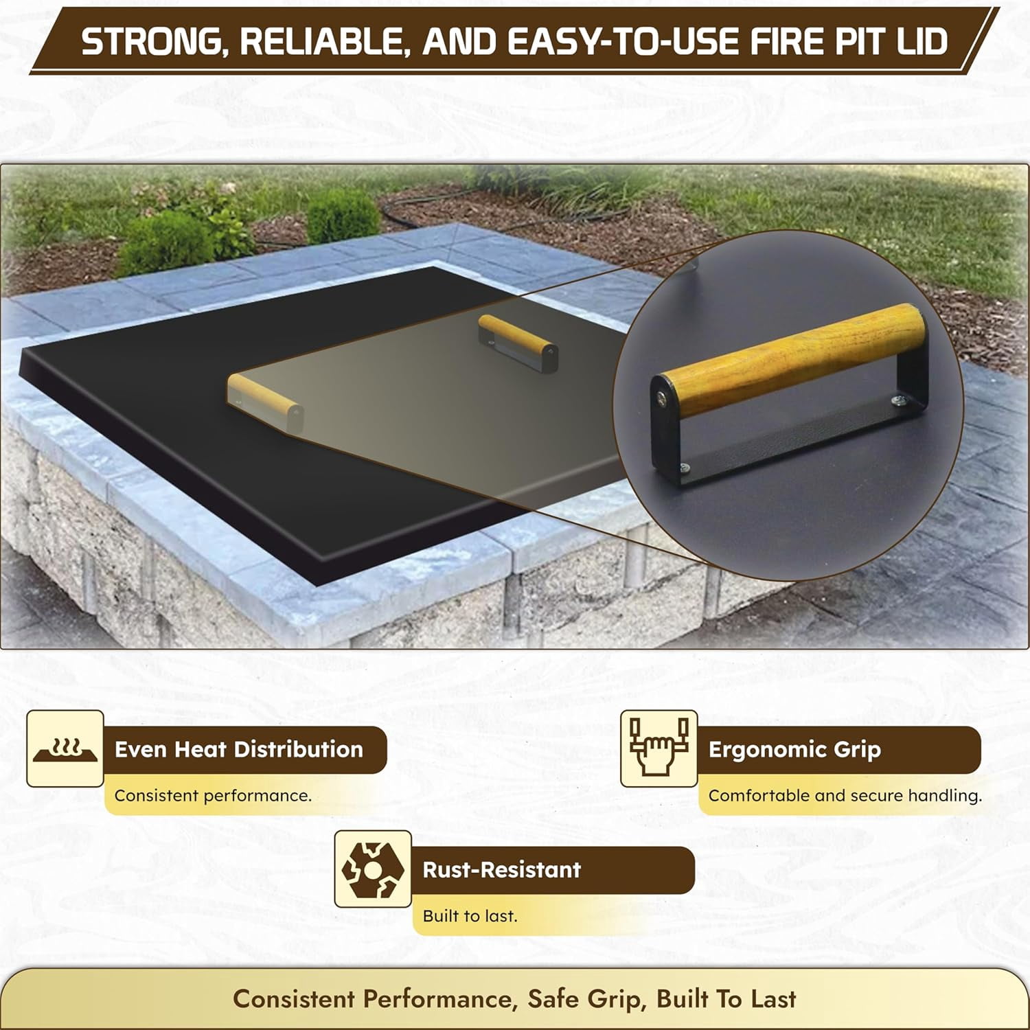 Febtech -34" Square Fire Pit Snuffer Lid - Carbon Steel Fire Pit Pan Lid for 32" FirePit- Steel Cover with Wooden Handles FirePit Shield for Outdoor Burner Cover Camping Accessories