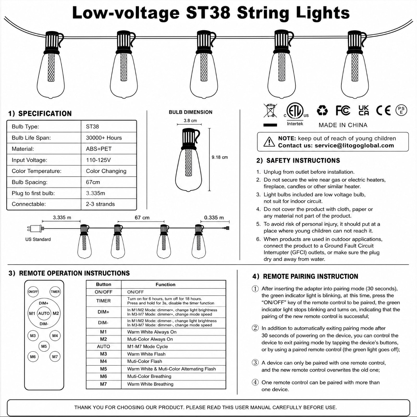 60FT Color Changing Outdoor String Lights with Remote - Dimmable LED RGB Patio Lights for Outside with Shatterproof Waterproof Edison Bulbs for Yard Gazebo Party Wedding Holiday
