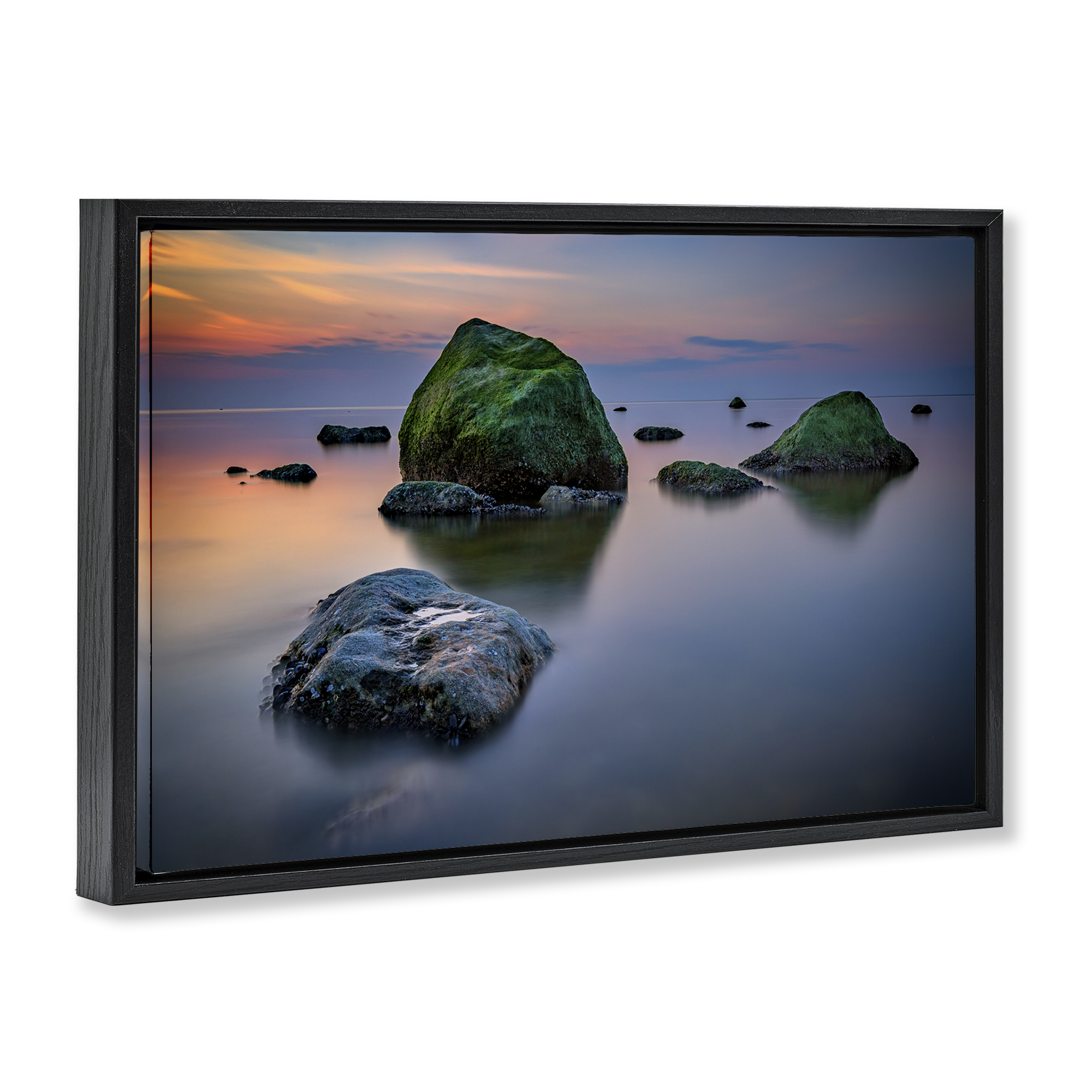 Stupell Industries Mossy Rocks Protruding Sea Landscape & Nature Photography Black Floater Framed Canvas Art Print Wall Art, 31 x 21