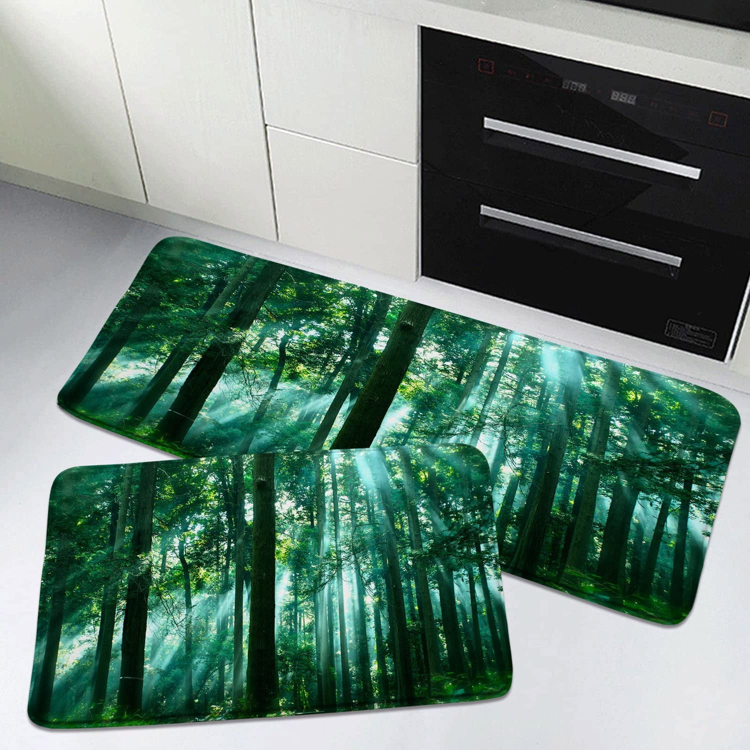 Green Forest Nature Scene Bath Mat Misty Spring Sunlight Bright