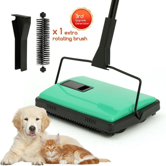 Reecoo Upgraded Carpet Sweeper Manual - Non-Electric Push Broom for Low-Pile Carpets & Rugs, L Size, Green