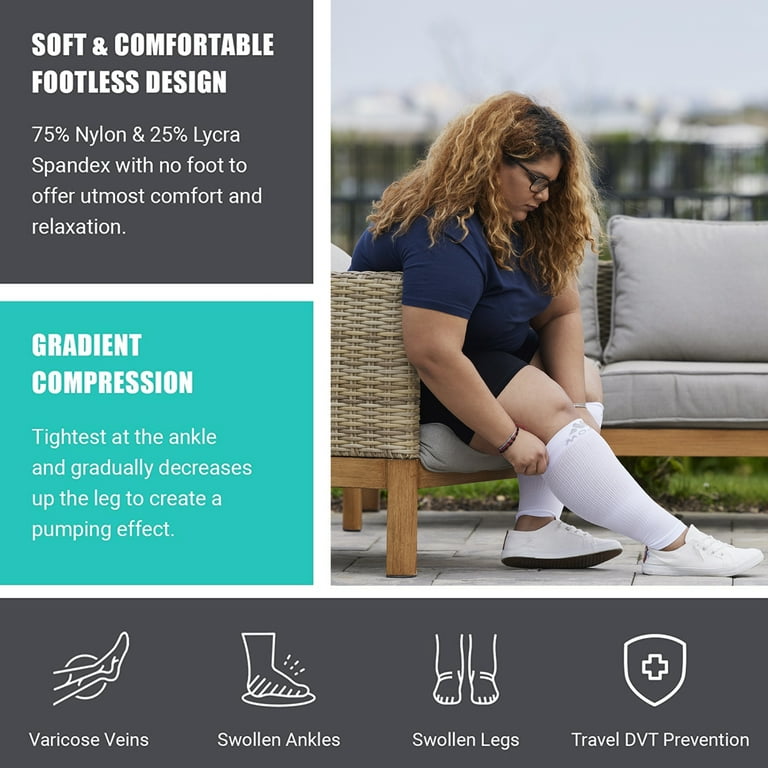 Footless Compression Socks for Women and Men Swelling 20-30mmHg - White,  Medium