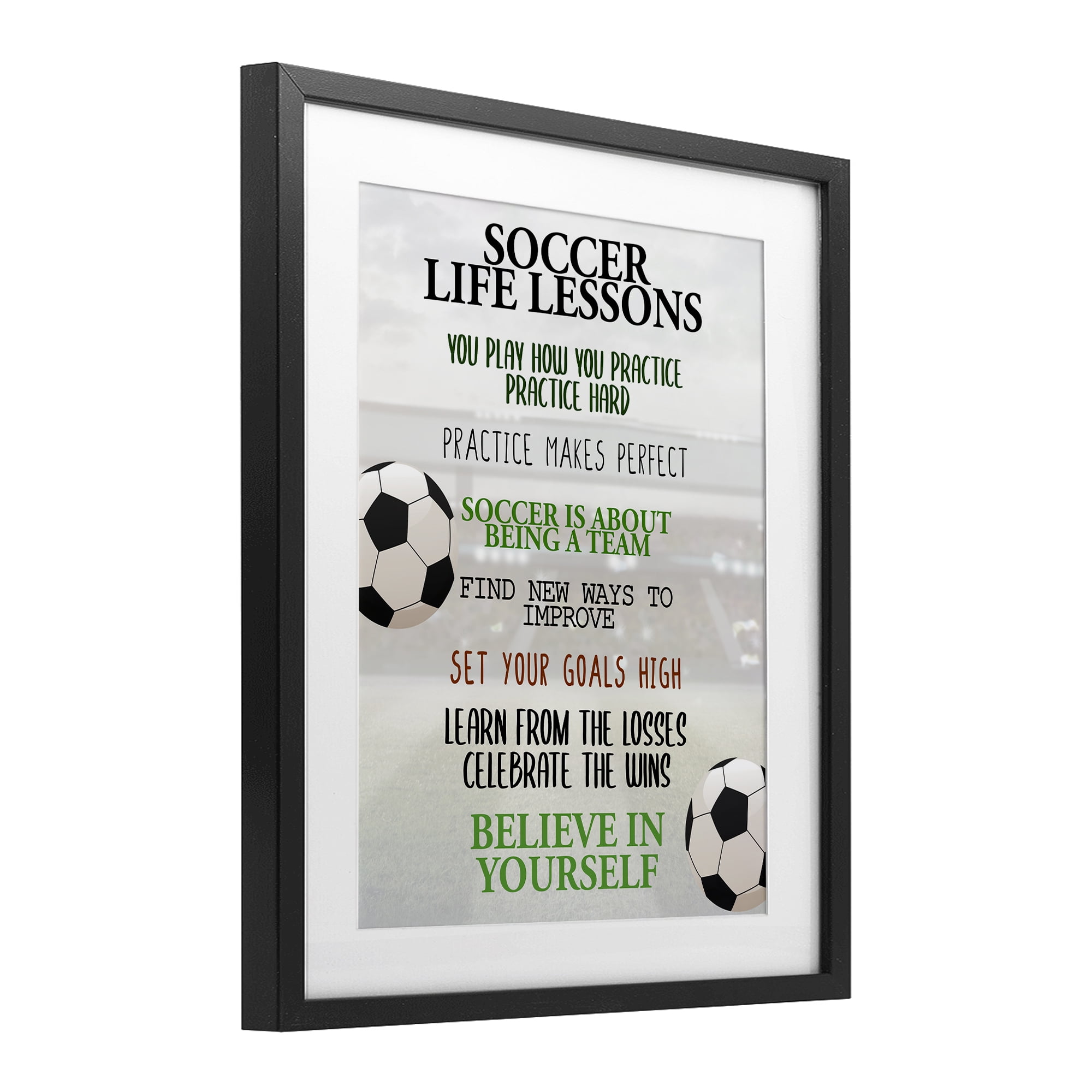 Soccer Life Lessons Black Framed Print Under Glass, design by Kim Allen