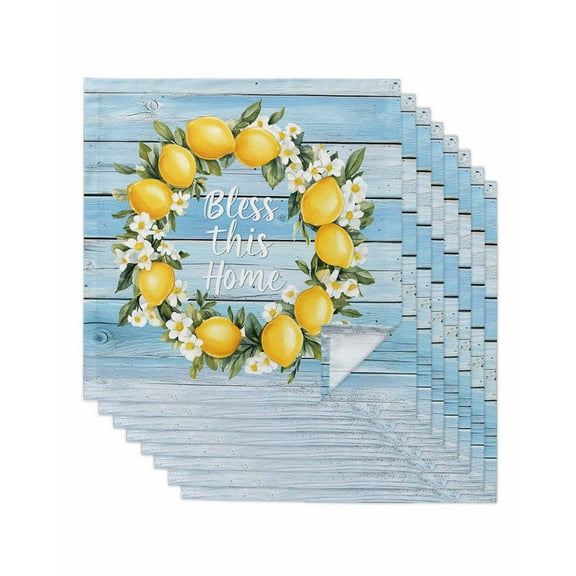 nqOlkjepod Lemon Wreath Cloth Napkins Set of 8 Reusable Dinner Napkins, Farmhouse Blue Wooden Floral Cocktail Napkin Washable Table Napkins for Wedding/Holiday Party/Baby Shower 20"x20"