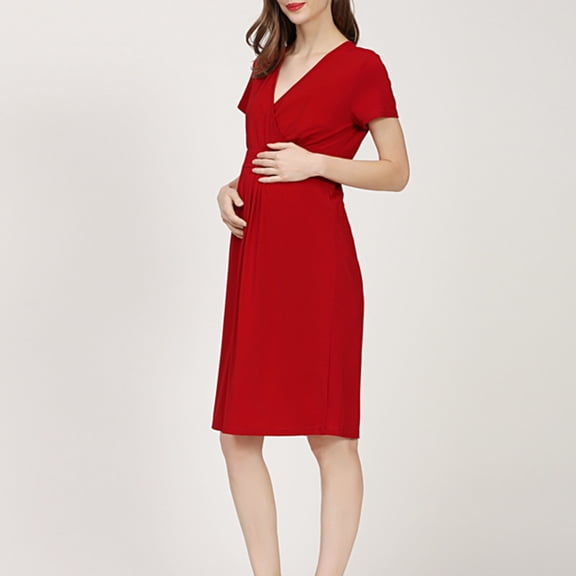 Danhjin Nursing Dress for Maternity Breastfeeding Midi Dress Flowy V Neck Short Sleeve Lightweight Solid Color Casual Comfy Loose Dress
