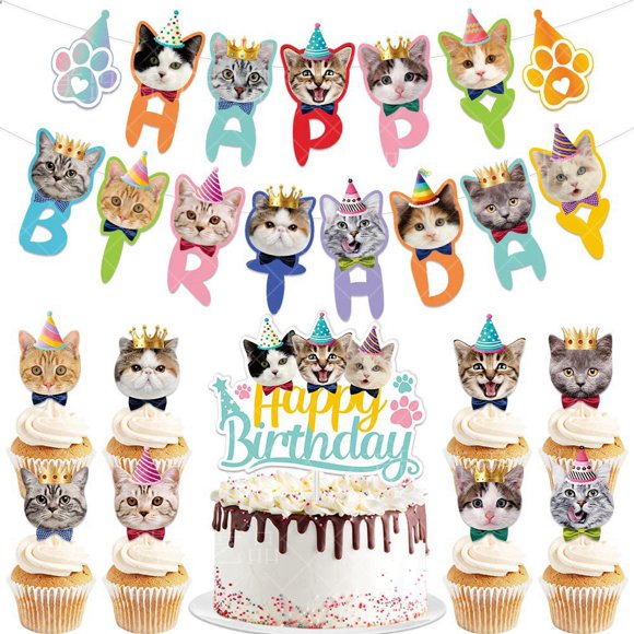AMERTEERBirthday Decorations Cat Happy Birthday Banner + Cake Topper + 10 Kitty Cupcake Toppers (12 PCS)