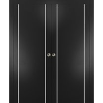 Sliding French Double Pocket Doors 36 x 80 inches | Planum 0410 Matte Black with Frosted Glass | Kit Trims Rail Hardware | Solid Wood Interior Bedroom Sturdy Doors